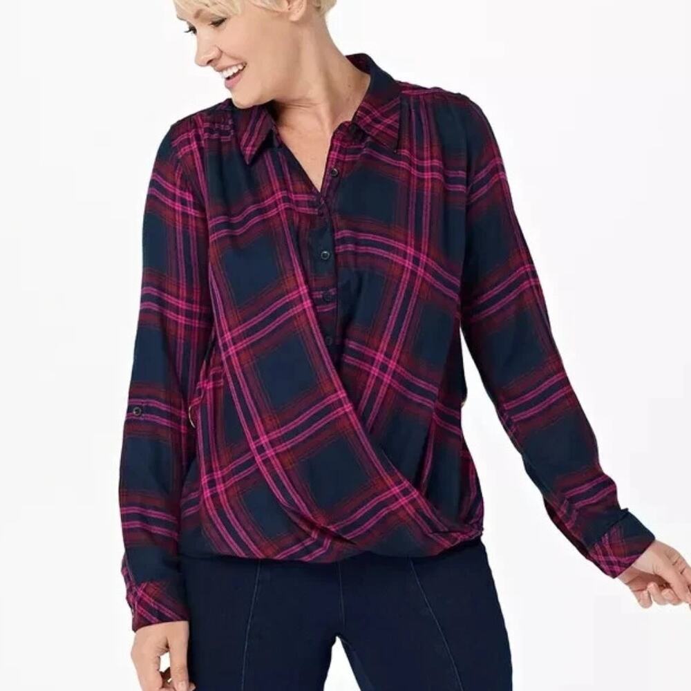 Tolani Collection Mixed Print Twist Top Womens Large Plaid Floral Button Shirt